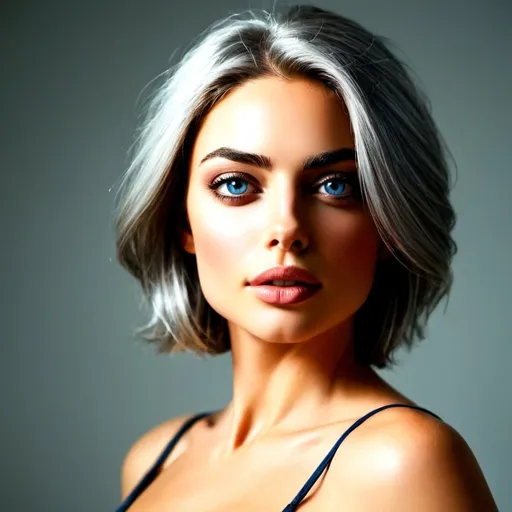 Prompt: Beautiful woman , profound makeup, short silver hair blowing in the wind, deep blue eyes, 45 years old ,alluring gaze, sensual makeup artistry, high-quality, realistic, striking blue eyes, silver hair, sensual, mature beauty, desirable, attractive lighting