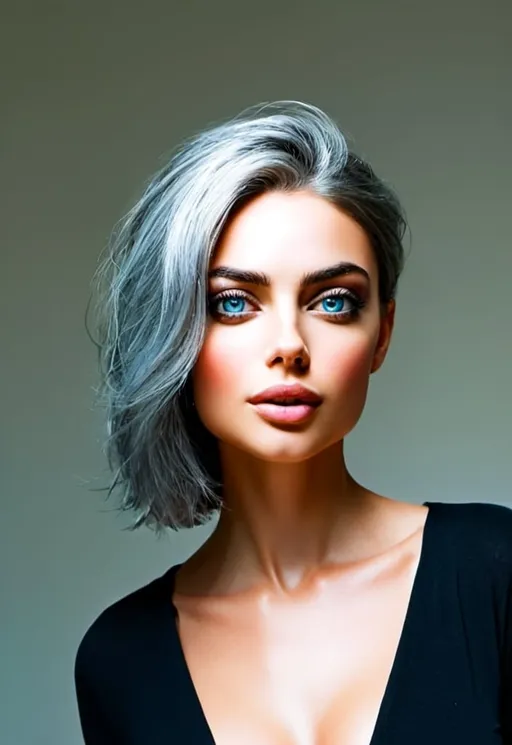 Prompt: Beautiful woman , profound makeup, short silver hair blowing in the wind, deep blue eyes, 45 years old ,alluring gaze, sensual makeup artistry, high-quality, realistic, striking blue eyes, silver hair, sensual, mature beauty, desirable, attractive lighting