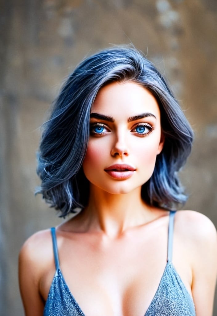 Prompt: Beautiful woman , profound makeup, short silver hair blowing in the wind, deep blue eyes, 45 years old ,alluring gaze, sensual makeup artistry, high-quality, realistic, striking blue eyes, silver hair, sensual, mature beauty, desirable, attractive lighting