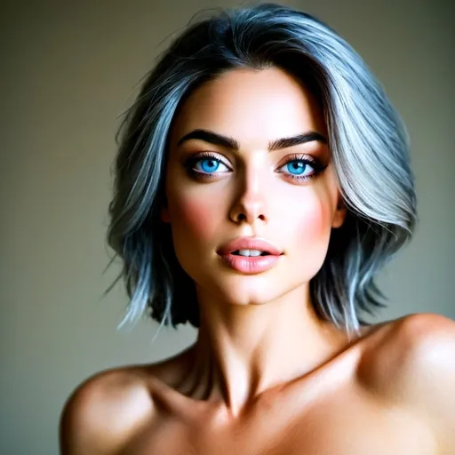 Prompt: Beautiful woman , profound makeup, short silver hair blowing in the wind, deep blue eyes, 45 years old ,alluring gaze, sensual makeup artistry, high-quality, realistic, striking blue eyes, silver hair, sensual, mature beauty, desirable, attractive lighting