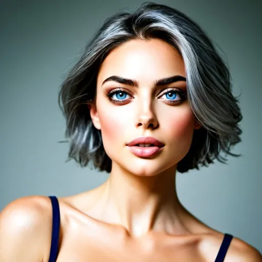 Prompt: Beautiful woman , profound makeup, short silver hair blowing in the wind, deep blue eyes, 45 years old ,alluring gaze, sensual makeup artistry, high-quality, realistic, striking blue eyes, silver hair, sensual, mature beauty, desirable, attractive lighting