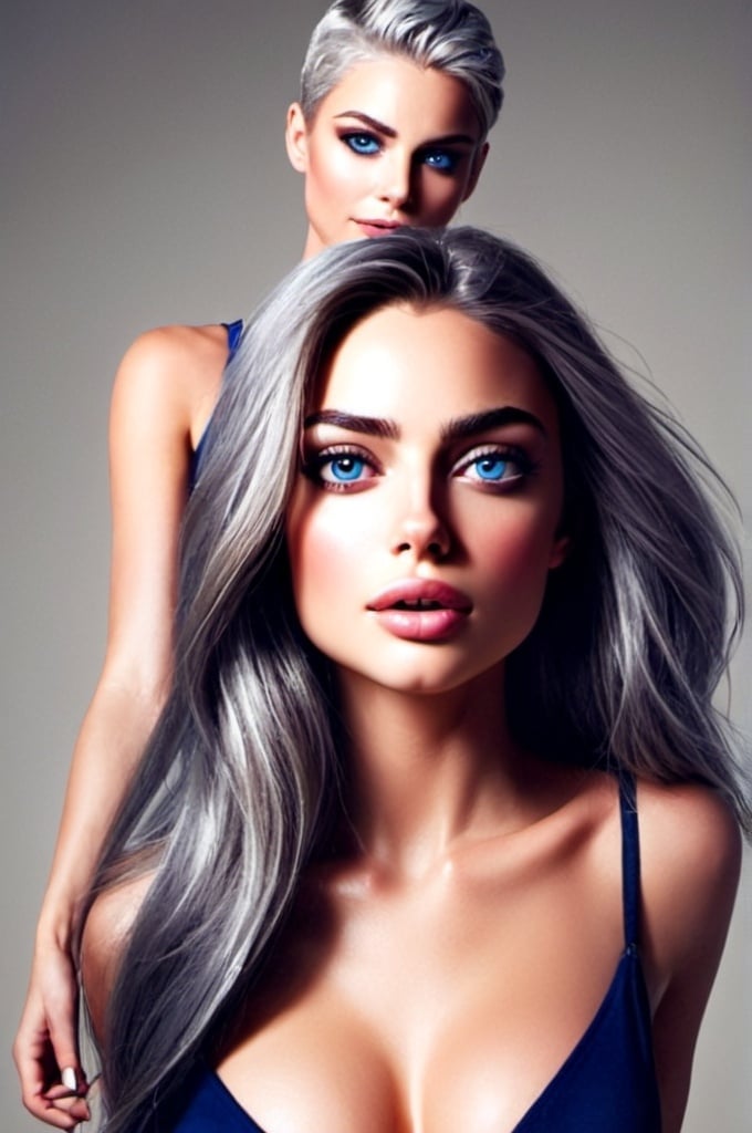Prompt: Detailed photorealistic image of a stunning woman, very short flowing silver hair, deep blue eyes, flawless makeup, high quality, realistic, strong figure, deep blue eyes, realistic lighting