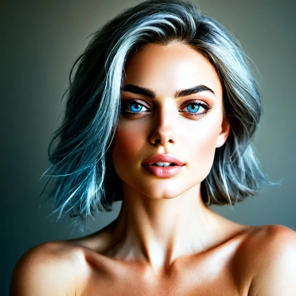 Prompt: Beautiful woman , profound makeup, short silver hair blowing in the wind, deep blue eyes, 45 years old ,alluring gaze, sensual makeup artistry, high-quality, realistic, striking blue eyes, silver hair, sensual, mature beauty, desirable, attractive lighting