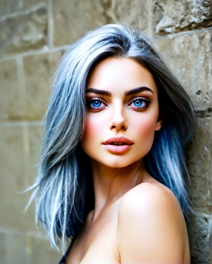 Prompt: Beautiful woman , profound makeup, short silver hair blowing in the wind, deep blue eyes, 45 years old ,alluring gaze, sensual makeup artistry, high-quality, realistic, striking blue eyes, silver hair, sensual, mature beauty, desirable, attractive lighting