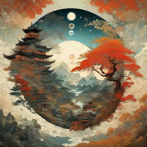 Prompt: By Alexander Jansson and Jean Baptiste Monge and Mark Brooks and Victo Ngai || fantasy YIN AND YANG yin yang sign symbol 2 sides, Earth exploding in fire and icy Earth in peace and BEAUTIFUL GEISHA!! double exposure, dual exposure, silhouette, photoshopped double exposure!! intricate, hyperdetailed, breathtaking
