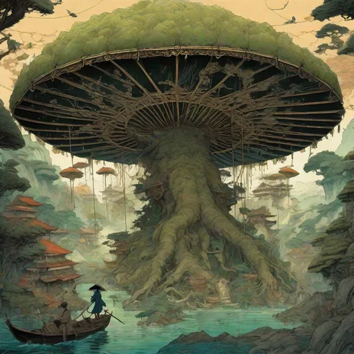 Prompt: By Jean Baptiste Monge and Mark Brooks and Hirohiko Araki and Dan Mumford and Victo Ngai and Ukiyo-E and Yoshitaka Amano and Hokusai || A beautiful HUGE GINORMOUS magnificent ornate mythical UMBRELLA PARASOL!! made of trees and moss and mountains and houses, that covers a huge faerie tree city under an ocean of glitter, stars and constellations
