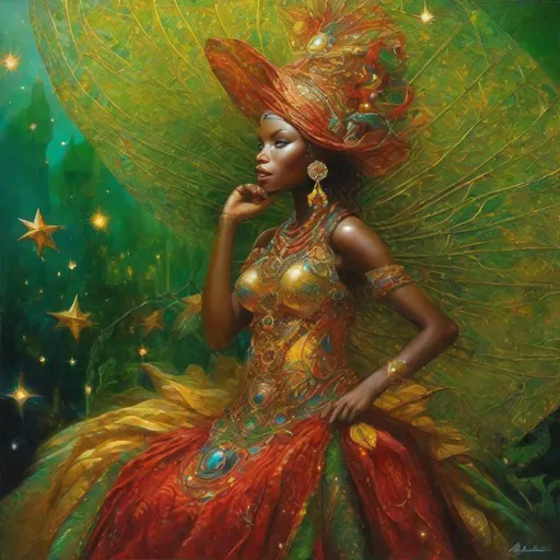 Prompt: By Alexander Jansson and Jean Baptiste Monge and Mark Brooks || Beautiful intricate filigree African fairy with huge vibrant iridescent wings, beautiful sparkling traditional African clothes and dress, red, yellow and green colors, surrounded by golden glitter and stars, intricate, hyperdetailed, beautiful