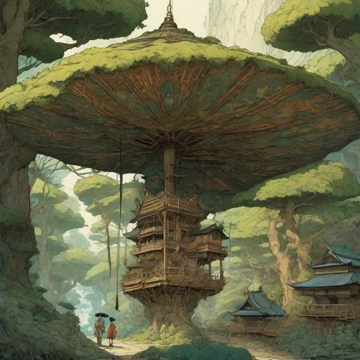 Prompt: By Jean Baptiste Monge and Mark Brooks and Hirohiko Araki and Dan Mumford and Victo Ngai and Ukiyo-E and Yoshitaka Amano and Hokusai || A beautiful HUGE GINORMOUS magnificent ornate mythical UMBRELLA PARASOL!! made of trees and moss and mountains and houses, that covers a huge faerie tree city under an ocean of glitter, stars and constellations
