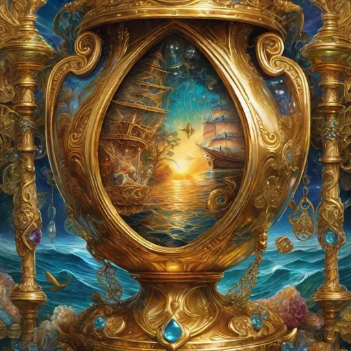 Prompt: By Nita Engle and Josephine Wall and Mark Brooks and Dan Mumford || Close-up of a beautiful, huge, ornate bejeweled golden HOURGLASS ⌛⏳ full of water that looks like an ocean, with a miniature intricate pirate ship INSIDE OF IT
