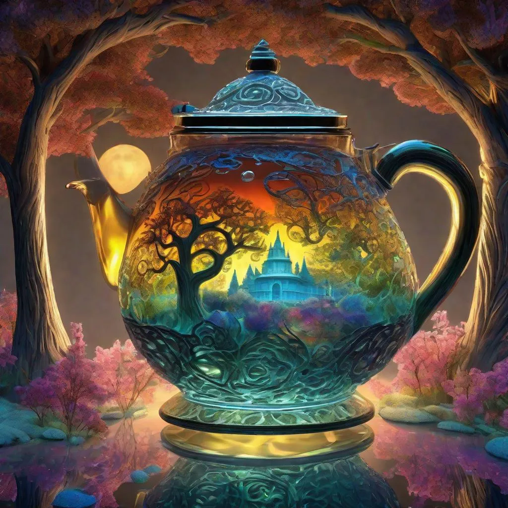 Prompt: Surreal intricate hyperdetailed 3D image of a huge intricate carved glass teapot with a dreamscape of a glowing colorful rooty mythical tree of life and an epic flowery moonlit landscape inside of it, detailed interesting background
