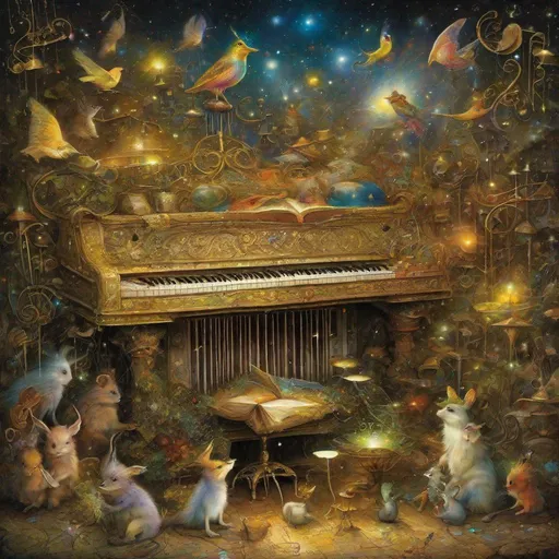 Prompt: By Alexander Jansson and Jean Baptiste Monge and Mark Brooks || magical glittery golden MUSIC NOTES and music staffs coming out of the pages of a huge magical music book, glittery rainbow reflections everywhere, stars, reflections, radioluminescent glitter, magic everywhere, sparkles, intricate, hyperdetailed, there's something everywhere, beautiful