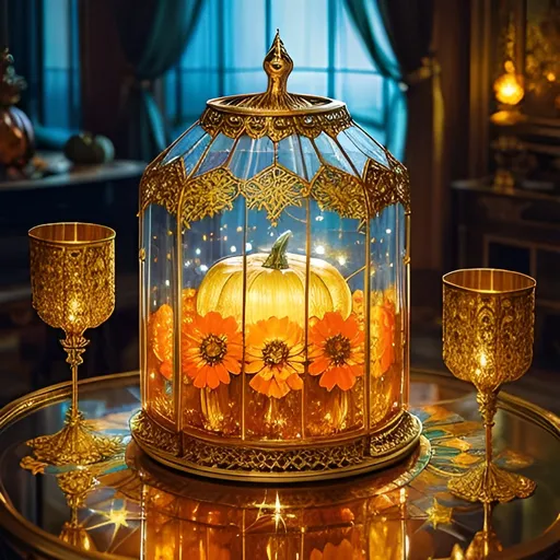 Prompt: By Alexander Jansson and Jean Baptiste Monge and Mark Brooks || CLOSE-UP of a HUGE ornate crystal FULLY TRANSPARENT glass PUMPKIN FLOWER VASE!! filigree full of hundreds of orange zinnia flowers, the vase is on a table in a palace, surrounded by golden glitter, stars, constellations, reflections and nebulae
