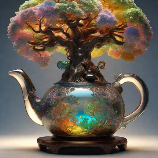 Prompt: Surreal intricate hyperdetailed 3D image of a huge intricate carved glass teapot with a dreamscape of a glowing colorful rooty mythical tree of life and an epic flowery moonlit landscape inside of it, detailed interesting background
