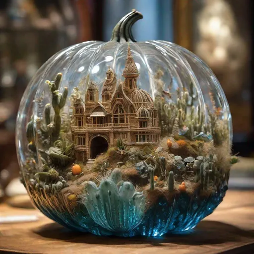 Prompt: By Alexander Jansson and Jean Baptiste Monge and Mark Brooks || CLOSE-UP of a HUGE ornate crystal FULLY TRANSPARENT glass PUMPKIN!! filigree with a huge great wave INSIDE OF IT, an amazing intricate huge miniature cactus desert with sandy dunes and cacti is inside of it