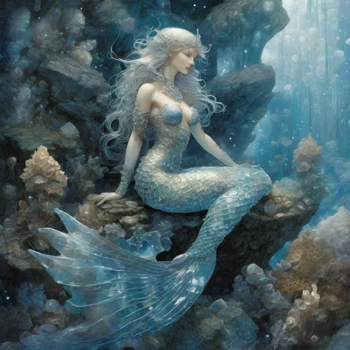 Prompt: By Jean Baptiste Monge and Mark Brooks and Hirohiko Araki || FULL-BODY SHOT of ONE beautiful intricate CRYSTAL ICE Mermaid with beautiful crystal patterns, ornate GLASSY CRYSTAL tail scales, hundreds of beautiful starry fractal TRANSPARENT GLASS CRYSTAL scales on her HUGE TAIL, she is sitting on a crystallized rock underwater