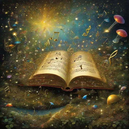 Prompt: By Alexander Jansson and Jean Baptiste Monge and Mark Brooks || magical glittery golden MUSIC NOTES and music staffs coming out of the pages of a huge magical music book, glittery rainbow reflections everywhere, stars, reflections, radioluminescent glitter, magic everywhere, sparkles, intricate, hyperdetailed, there's something everywhere, beautiful
