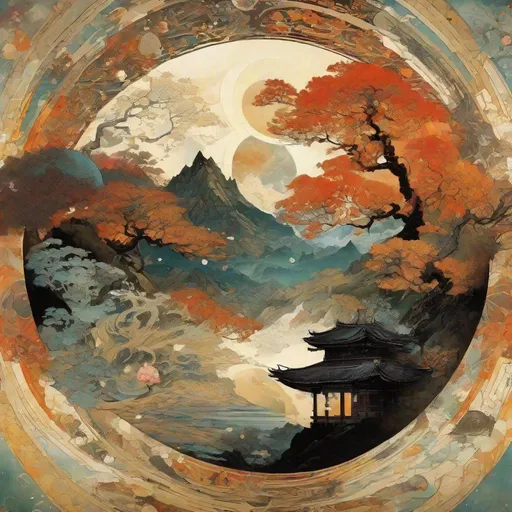 Prompt: By Alexander Jansson and Jean Baptiste Monge and Mark Brooks and Victo Ngai || fantasy YIN AND YANG yin yang sign symbol 2 sides, Earth exploding in fire and icy Earth in peace and BEAUTIFUL GEISHA!! double exposure, dual exposure, silhouette, photoshopped double exposure!! intricate, hyperdetailed, breathtaking