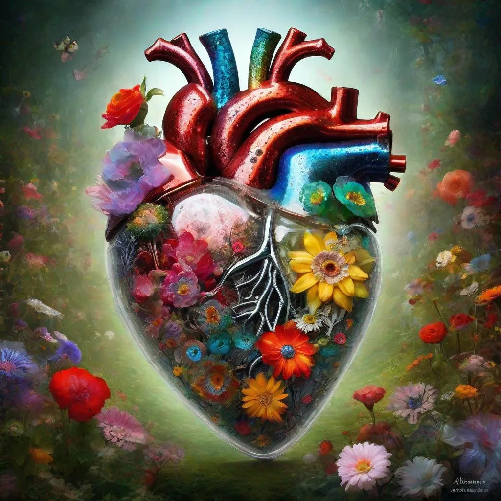 Prompt: By Alexander Jansson || Surreal image of a HUGE magnificent glittery intricate clear fully transparent beautiful bio-mechanical glass human heart body part with colorful flowery insides made of flowers, insides made entirely of hundreds of SUPER COLORFUL different kinds of FLOWERS seen inside of it

