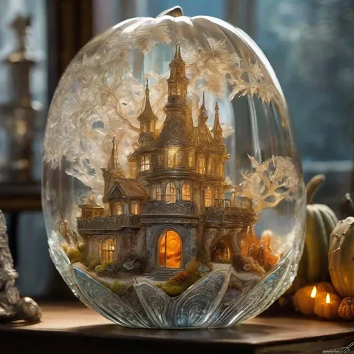 Prompt: By Alexander Jansson and Jean Baptiste Monge and Mark Brooks || CLOSE-UP of a HUGE ornate crystal FULLY TRANSPARENT glass PUMPKIN!! filigree with a huge great wave INSIDE OF IT, an amazing intricate huge miniature cactus desert with sandy dunes and cacti is inside of it