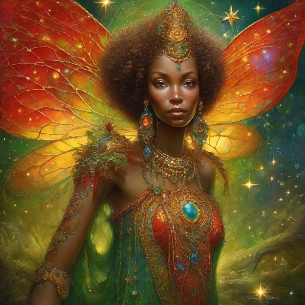 Prompt: By Alexander Jansson and Jean Baptiste Monge and Mark Brooks || Beautiful intricate filigree African fairy with huge vibrant iridescent wings, beautiful sparkling traditional African clothes and dress, red, yellow and green colors, surrounded by golden glitter and stars, intricate, hyperdetailed, beautiful