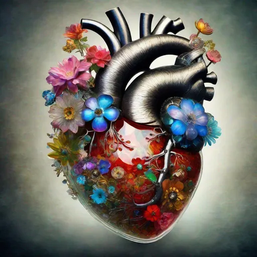 Prompt: By Alexander Jansson || Surreal image of a HUGE magnificent glittery intricate clear fully transparent beautiful bio-mechanical glass human heart body part with colorful flowery insides made of flowers, insides made entirely of hundreds of SUPER COLORFUL different kinds of FLOWERS seen inside of it
