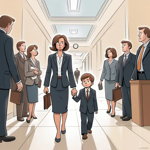 Prompt: A cartoon-style drawing suitable for a children's book. A mother and her young son are walking hand-in-hand into a large courthouse. Both are Caucasian with brown hair and hazel eyes looking scared and sad. The little boy has a curious expression with wide eyes as he looks at the long hallways filled with unfamiliar people dressed in suits (lawyers and attorneys). The mother looks slightly nervous but composed, glancing down at her son for reassurance.
The setting should feel imposing and somewhat cold, with high ceilings, marble floors, and a muted color palette to emphasize the solemn mood. Both the mother and child are not dressed in upscale casual clothing (e.g., the mother in a simple blouse and slacks, the boy in a button-up shirt and jeans). The atmosphere conveys unease and sadness.
The drawing should appear hand-drawn or sketch-like, with soft, detailed lines and a warm but subdued color palette, avoiding a heavily computer-animated look.