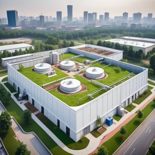 Prompt: indoor waste water treatment plant integrated in a city, sky point of view, city view, roof in all building, park close to the plant with children, park ontop of the roofs