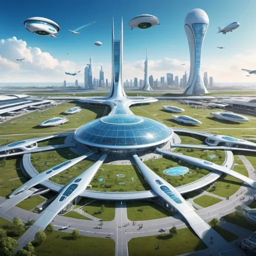 Prompt: futuristic ariport facility with a city in the background, show between city and airport a green park with animals, show futuristic spaceships, show people at the airport but uses an appropiate scale , show more blue sky