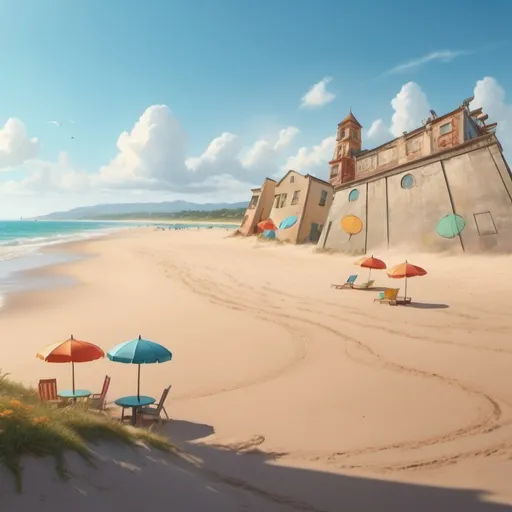 Prompt: a painting of a beach with umbrellas and chairs on it and a building in the background with a beach in the foreground, Beeple, fantastic realism, matte painting, a detailed matte painting