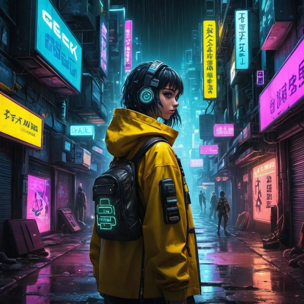 Prompt: Uma imagem, personagem anime em meio a uma paisagem desoladora em um futuro distópico com aspecto cyber punk ao fundo uma loja com letreiro neon com a frase "Geek Hub Acrescente nevoa, fumaça, chuva e um comparsa pequeno de capa amarela agachado ao lado um pouco a frente do personagem 