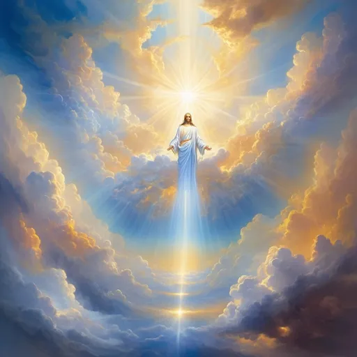 Prompt: (God in heaven), luminous celestial aura, (ethereal light), majestic clouds swirling in vibrant hues of gold and blue, transcendent environment, serene and divine ambiance, (highly detailed), radiant beams illuminating divine figures, sublime atmosphere invoking reverence, breathtaking panoramic view of heavenly realms.