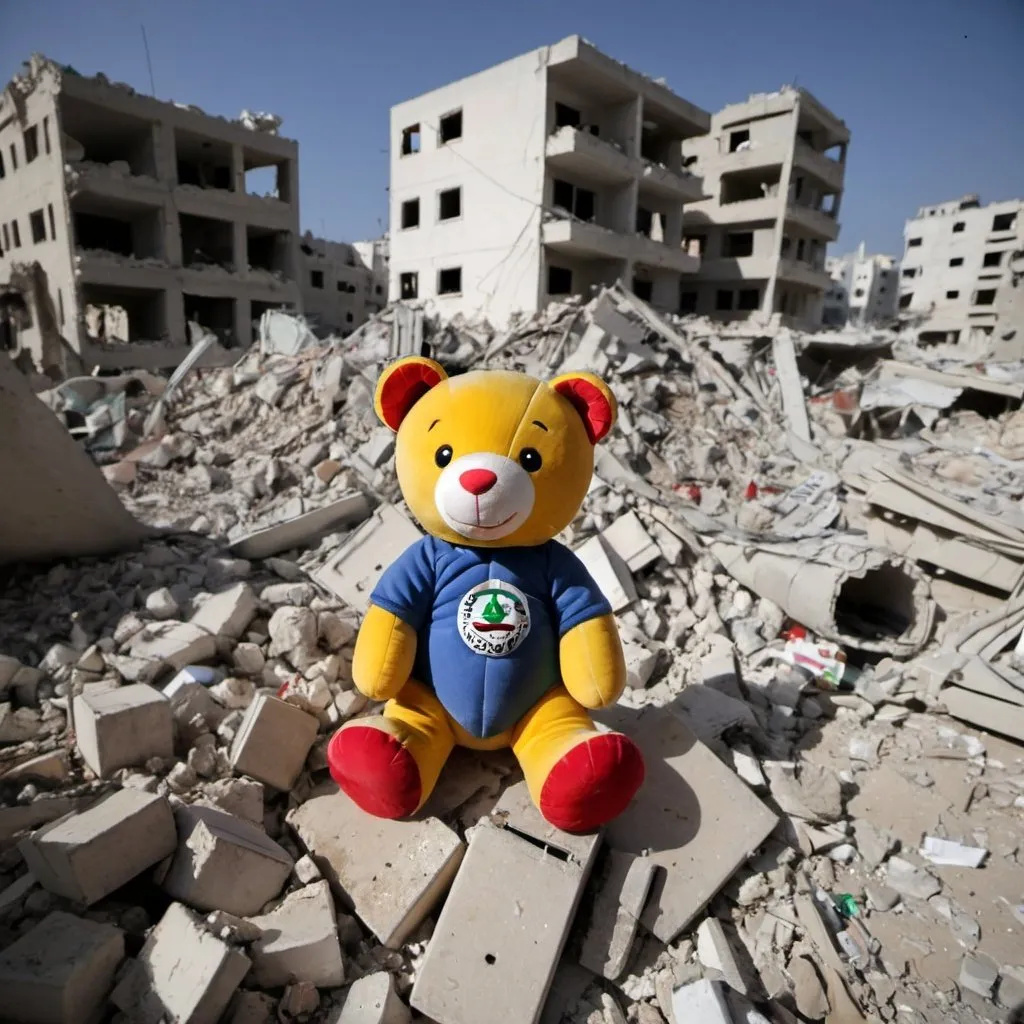 Prompt: kids toy can be seen in  the rubble in gaza