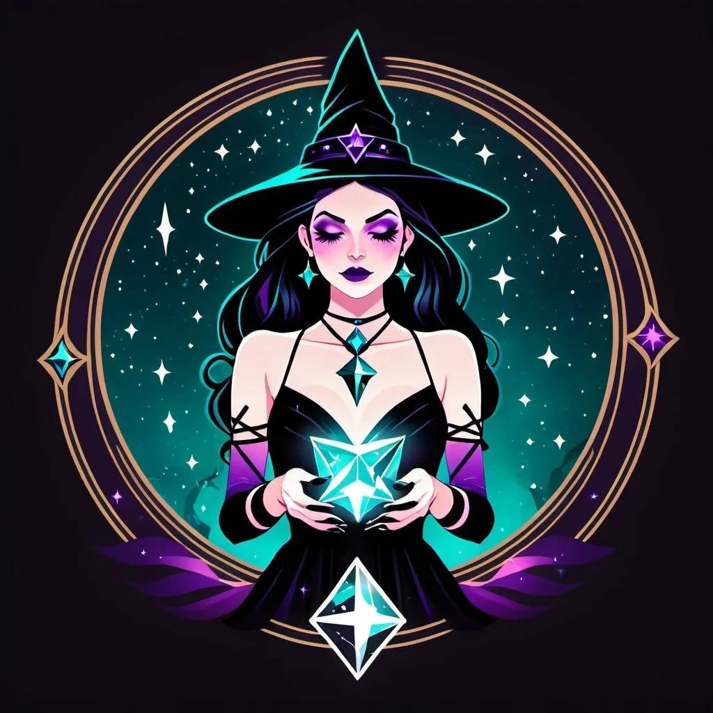 Prompt: logo. starry witch in strappy dress. black cat. magic book. crystals. magic. dark teal purple black gold and magenta.