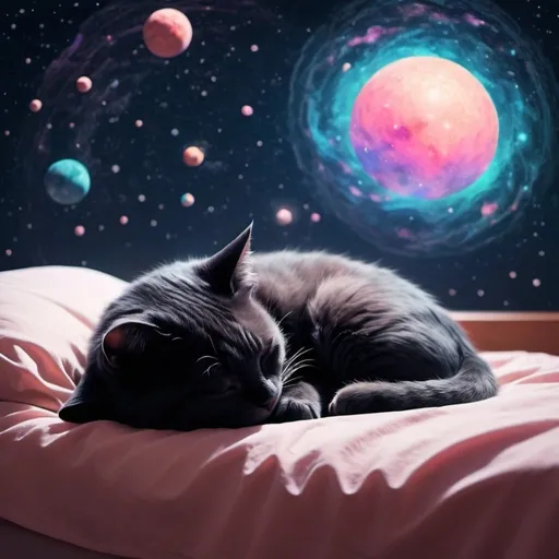 Prompt: sleeping cat in cosmic dream, looks like a lofi pic
