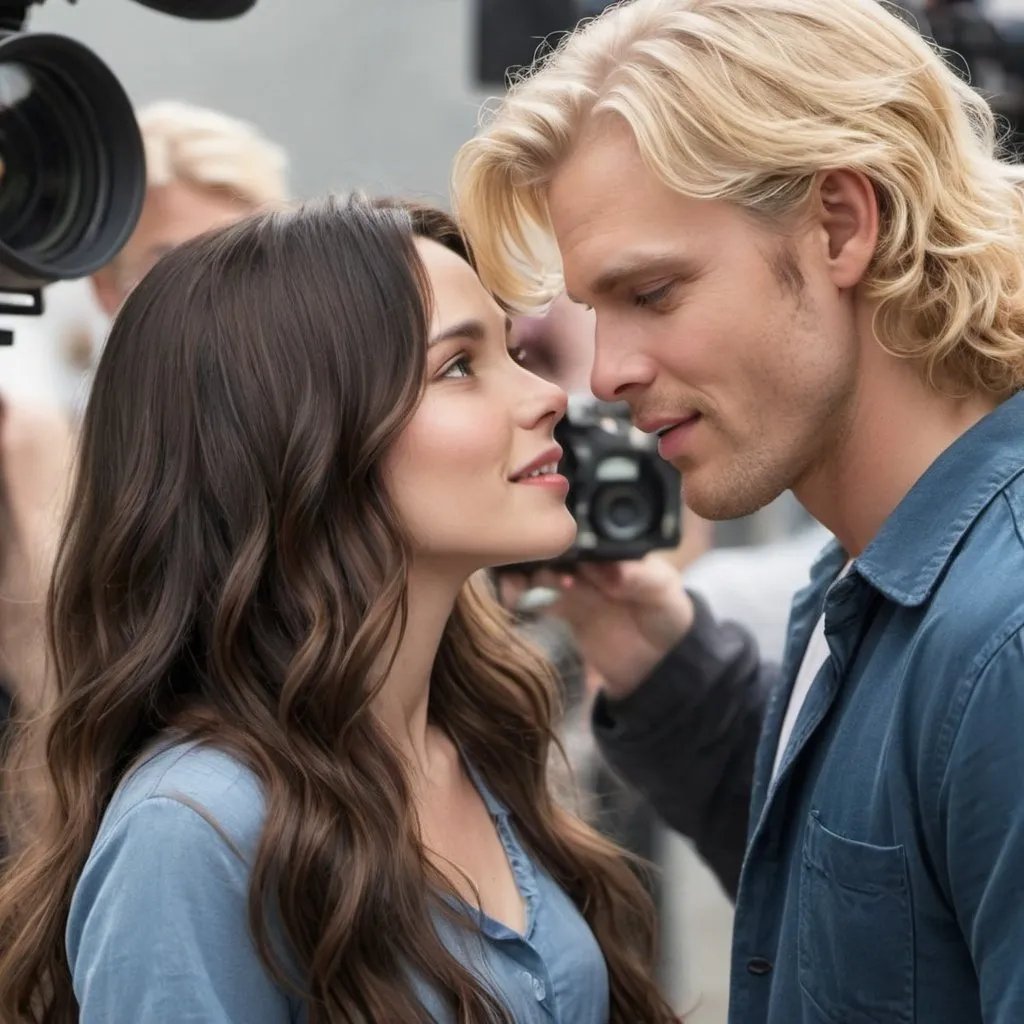 Prompt: actors falling in love on set, female long brunette
 hair, male wavy blond hair



