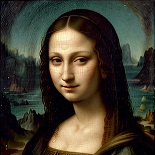 Prompt: La mujer: En el centro de la composición se encuentra una mujer de apariencia serena y misteriosa. Su rostro es el punto focal de la pintura y está enmarcado por una especie de velo sutil, lo que le otorga una cualidad etérea. Su mirada es enigmática y parece seguir al espectador desde cualquier ángulo. Su expresión es difícil de descifrar, lo que ha contribuido a la fascinación duradera por esta obra maestra.

La sonrisa: Quizás el aspecto más famoso de la "Mona Lisa" es su sonrisa enigmática. No es una sonrisa abierta y clara, sino más bien un gesto sutil que juega en los labios de la mujer. Esta sonrisa ha desconcertado a los espectadores y ha generado innumerables interpretaciones a lo largo de los siglos.

La vestimenta y el fondo: La mujer está vestida con un vestido oscuro, quizás de estilo renacentista, que se fusiona con el fondo oscuro y difuso. Esto hace que su figura se destaque aún más. El fondo carece de detalles discernibles, lo que hace que la atención se centre completamente en la figura de la mujer.

Iluminación y sombras: Leonardo da Vinci empleó la técnica del sfumato para crear transiciones suaves entre las luces y las sombras en la pintura. Esto le da a la imagen una sensación de profundidad y realismo, y contribuye a la atmósfera enigmática y soñadora de la obra.

Perspectiva y composición: La mujer está colocada en un ángulo ligeramente de lado, lo que añade dinamismo a la composición. Su postura es erguida pero relajada, y sus manos descansan una sobre la otra en su regazo. La composición en general es equilibrada y armoniosa, con la mujer ubicada en el centro y rodeada por un espacio vacío que enfatiza su presencia.