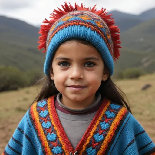 Prompt: Edad: Wayra es un niño de unos 10 años.
Ropa: Viste ropa tradicional andina, incluyendo un poncho colorido y un chullo, un gorro de lana con orejeras, ambos adornados con patrones geométricos.
Apariencia: Wayra tiene ojos azules brillantes que contrastan con su piel morena. Su cabello es rubio y generalmente lo lleva suelto, cayendo sobre sus hombros.
Accesorios: Wayra siempre lleva un pequeño collar de cuentas de colores y una bolsa de tela donde guarda sus hallazgos de sus exploraciones.
Expresión: Wayra tiene una expresión llena de curiosidad y asombro, reflejando su amor por la naturaleza y la aventura.
Entorno: Dibuja a Wayra en su entorno favorito, las montañas andinas, con terrazas agrícolas en el fondo y llamas pastando cerca.