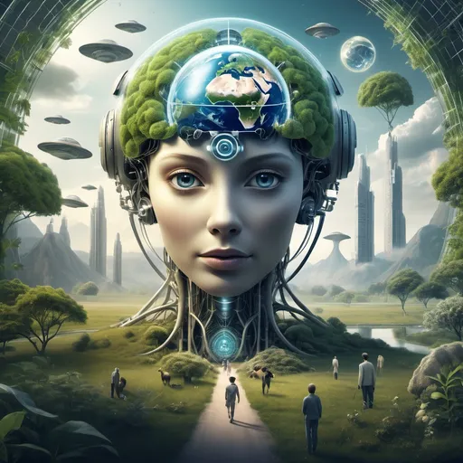 Prompt: A sci I image of a harmonious and sustainable future where the biosphere is restored and humans, animals, nature, all flourish under under benevolent superintelligent AI.  The theme is All watched over by Machines of Loving Grace.