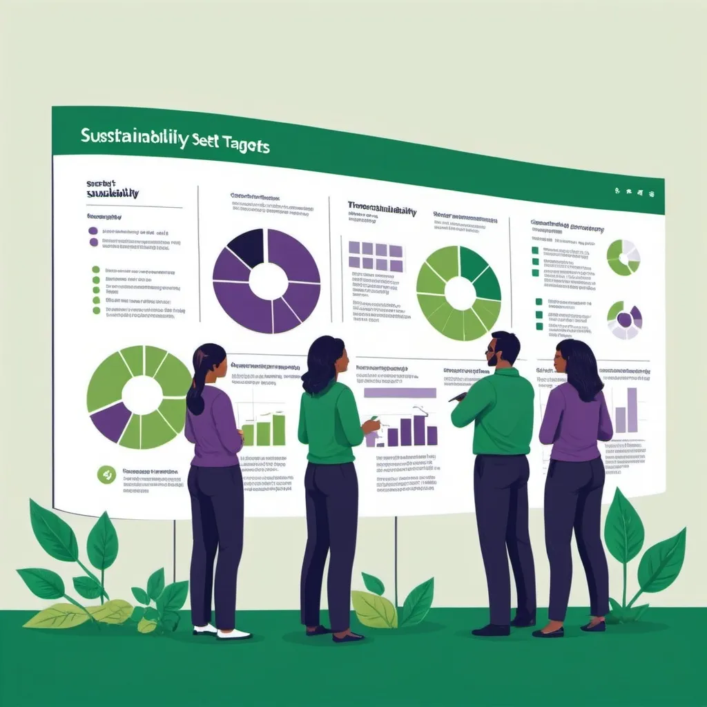 Prompt: Show an illustration of a team looking at the progress of the sustainability targets set for their company and reporting to manager in the colours green, purple, blue, and white.