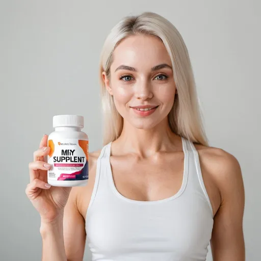 Prompt: A white skin tone women holding my supplement product