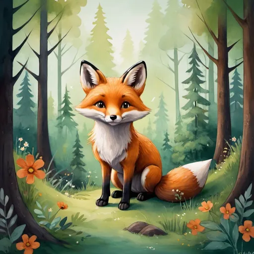 Prompt: A painting for a child's room. With forest and a fox. In a lovely style. 