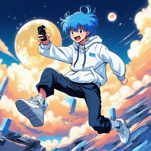 Prompt: [80's anime], short Blue hair, gamer 30years old guy, happy face, opened mouth, grap game controller, anime style, white hoody, wide pants, dynamic running on moon, blue sky, drown by Rumiko Takahashi 