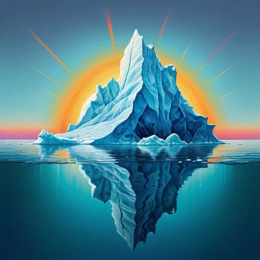 Prompt: A vibrant and colorful illustration of an iceberg floating on calm water. The small visible tip of the iceberg represents consciousness, bathed in warm sunlight. The vast submerged portion, filled with intricate patterns and vibrant colors, symbolizes the immense and mysterious unconscious mind
