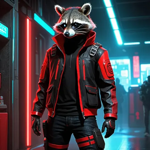 Prompt: Raccoon character, black but red neon gas mask, cyber netrunner hood (black but neon red), neon red Sword In its Back, Red Mecha Cyber Jacket, black jeans, red shoes