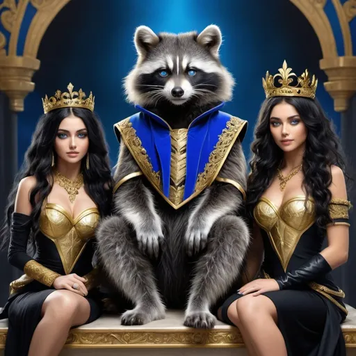 Prompt: beautiful human raccoon and two astonishing-looking females. The female has long, curly black hair, and piercing blue eyes. one female is wearing black and gold royal clothes and the other one wearing blue. the male raccoon is wearing black and silver royal clothes with gold fully covered. the raccoon is sitting in King thrown and standing