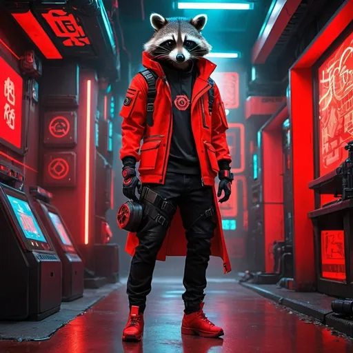 Prompt: Raccoon character, black but red neon gas mask, cyber netrunner hood (black but neon red), neon red Sword In its Back, Red Mecha Cyber Jacket, black jeans, red shoes