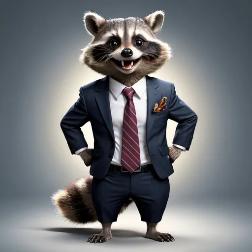 Prompt: Laughing raccoon in a suit, standing position, high quality, detailed fur, comical style, business attire, vibrant and cheerful, professional lighting, with written text '' SUBSCRIBE''