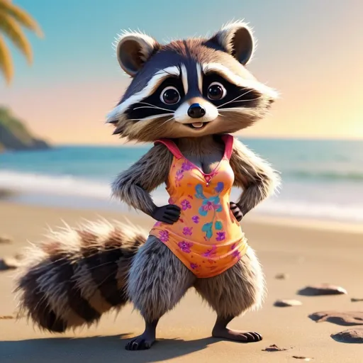 Prompt: Anthropomorphic female raccoon with long hair, standing position, big back, wearing less clothes, 4k resolution, detailed fur, beach setting, bright and cheerful, vibrant colors, anime style, warm lighting