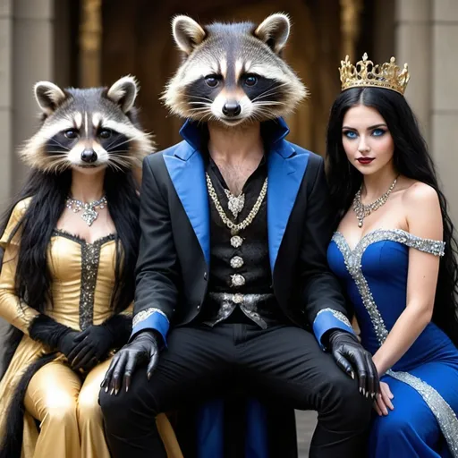 Prompt: beautiful human raccoon and two astonishing-looking females. The female has long, curly black hair, and piercing blue eyes. the raccoon has long straight black hair, piercing silver. The female is wearing black and gold royal clothes. the male raccoon is wearing black and silver royal clothes fully covered. the raccoon is sitting in King thrown and two of the queens standing