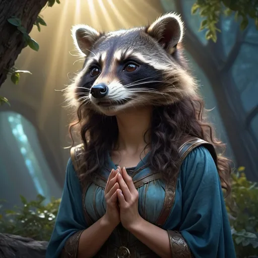 Prompt: Ethereal high-fantasy landscape, academy, female raccoon with dark curly hair, loss and grief, ultra-realistic, atmospheric, detailed characters, bright lighting, high-fantasy setting, mystical aura, detailed facial expressions, epic storytelling, academy, professional, vibrant colors, intricate details, ethereal lighting